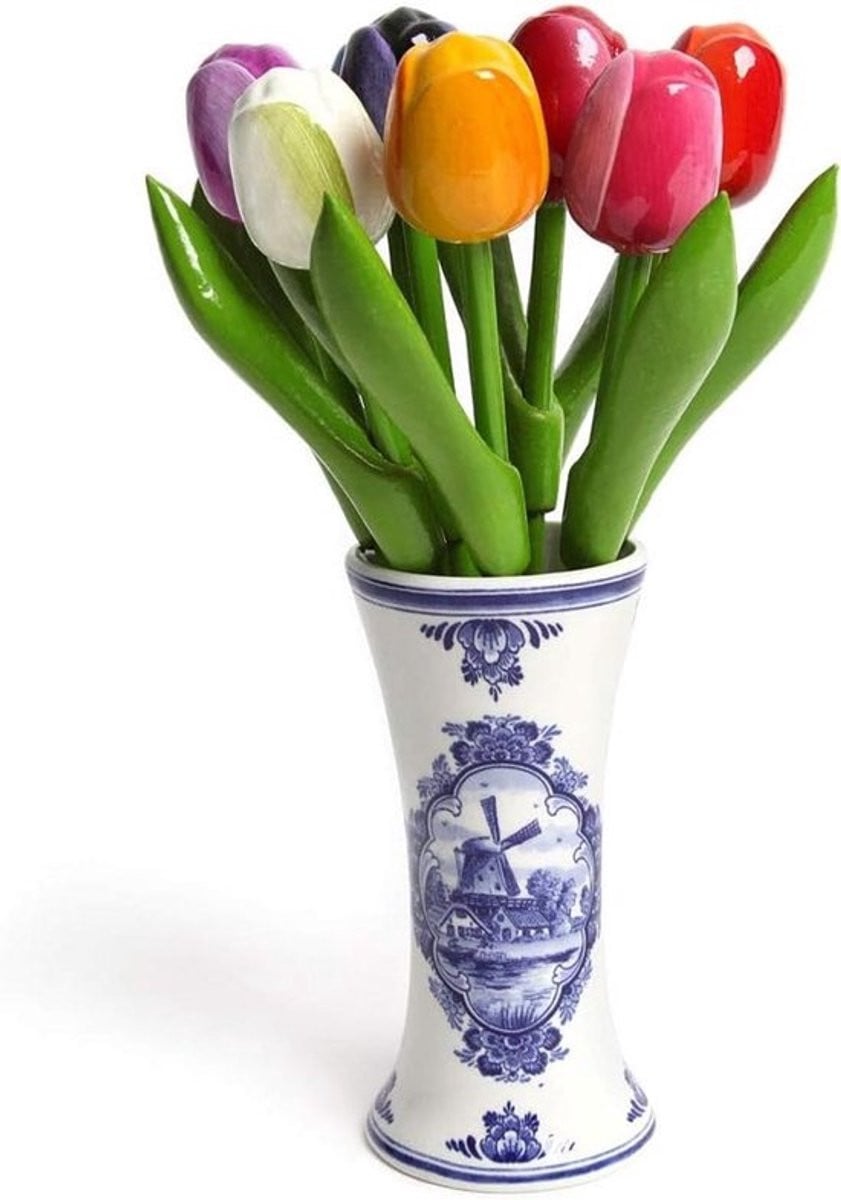 Handgeschilderd Boeket Houten Tulpen in Nederlandse Vaas, Decoratie, Hoogte: 21 cm