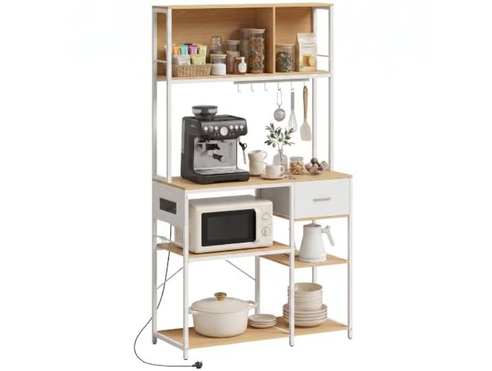 HOMCOM Küchenregal mit Steckdosenleiste, Eiche/Weiß Küchenregal mit USB- und USB-C-Anschlüssen, Schublade, Ablagen und 4 Haken für Geschirr und Kochgeschirr