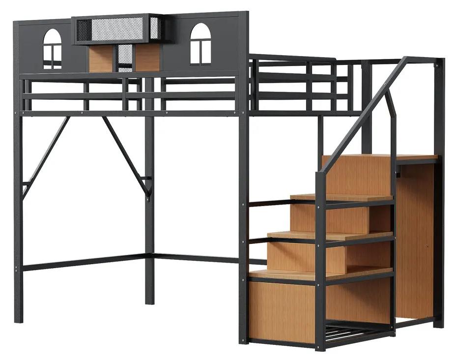 Metall-Hochbett 140 x 200 cm - Stauraum - Fenster mit Netz - Holzpaneele - Erhöhtes Schutzgitter - Schwarz