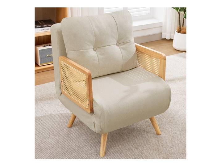 STILVORA Schlafsofa mit Schlaffunktion 3-in-1 Sessel mit verstellbarer Rückenlehne, Leinenbezug, Rattan-Armlehnen, Massivholzbeine, Metallstützen, für Wohnzimmer, Schlafzimmer, Gästezimmer und Homeoffice