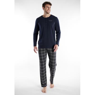 Schlafanzug TOM TAILOR "Milos", Herren, Gr. 52, blau (blau, mittel, karo), Obermaterial: 100% Baumwolle, bequem normal, Rundhals, gerader Abschluss, Homewear-Sets Schlafanzug, Langarm, Rundhalsausschnitt, mit Knopfleiste, kariert, Baumwolle