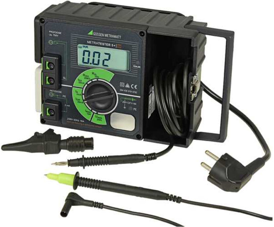 GMC Gossen Metrawatt DIN VDE 0701-0702 METRATESTER 5+ Prüfgerät, aus Kunststoff und Metall mit LCD-Anzeige und Messleitungen für die Prüfung von elektrischen Geräten nach DIN VDE 0701-0702, Messbereiche: Schutzleiterwiderstand, Isolationswiderstand, Ersat