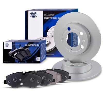 Hella 2x Bremsscheibe Voll + Bremsbeläge Hinterachse [Hersteller-Nr. 41845679] für Audi, VW, Seat