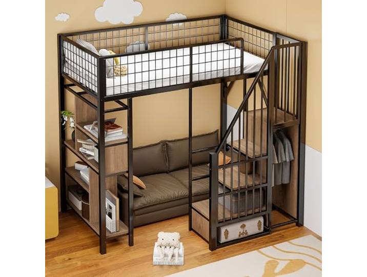 Merax Multifunktionales Hochbett 90x200 cm, aus Metall, mit Stauraumtreppe, Ablageflächen, offenem Bereich, Jugendbett/Kinderbett/Erwachsenenbett, Schwarz (ohne Matratze)