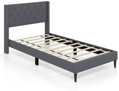 Costway Twin Size Upholstered Platform Bed with Button Tufted Wingback Headboard-Gray