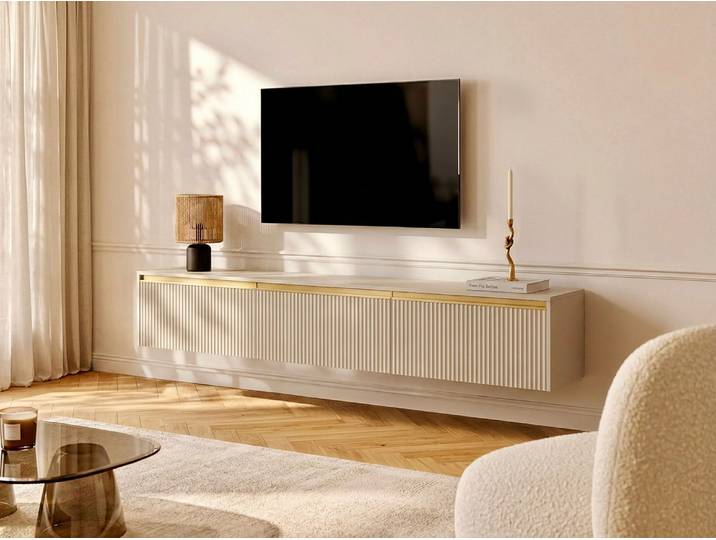 TV-Möbel zum Aufhängen oder Aufstellen mit 3 Türen - MDF - Beige & Goldfarben - POSINIA von Pascal MORABITO
