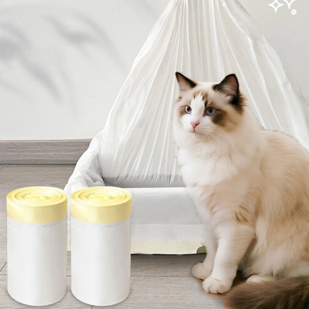 INF Sacs litière pour chat 79x45cm, HDPE épaissi avec cordon, 10 pièces/5 rouleaux, jaune