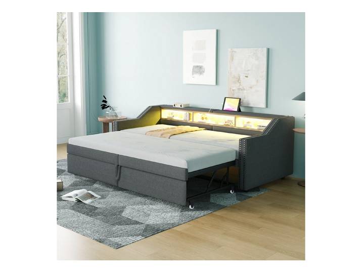 Flieks Daybett, Ausziehbares Polsterbett Schlafsofa 90/180x200cm mit USB-Laden