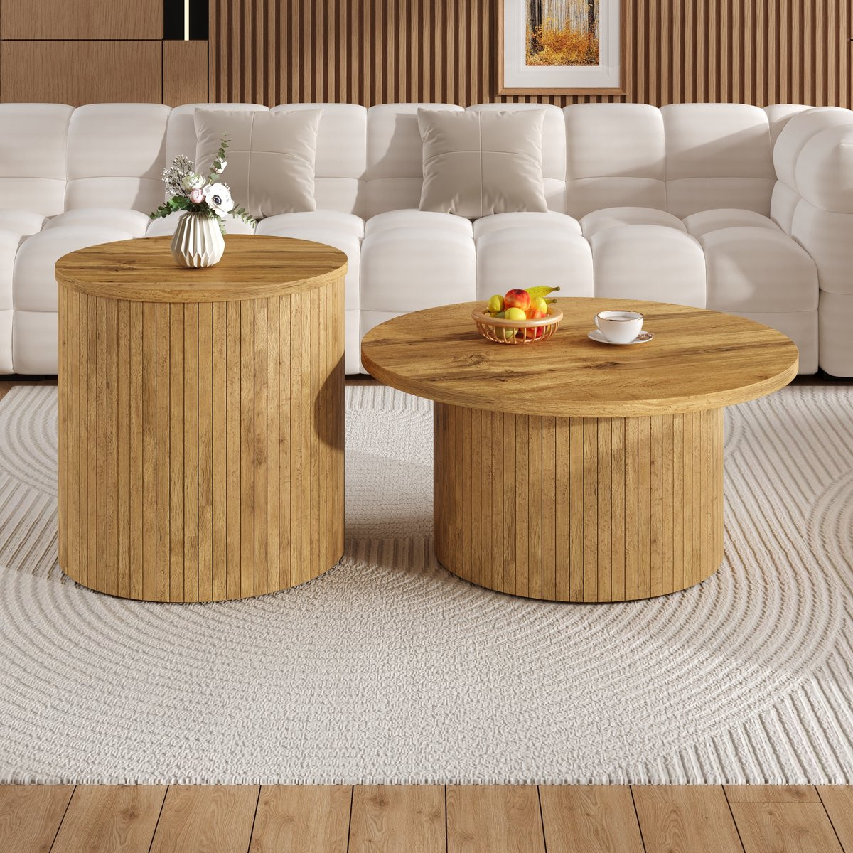 MODFU Salontafelset met dubbel rond ontwerp in Scandinavische stijl, Naturel