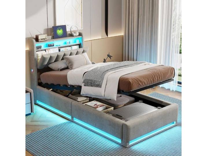 Lit coffre 90x200 cm Lit simple 90x200 cm Lit rembourré Cadre de lit 90x200 avec sommier à lattes LED et hydraulique Velours