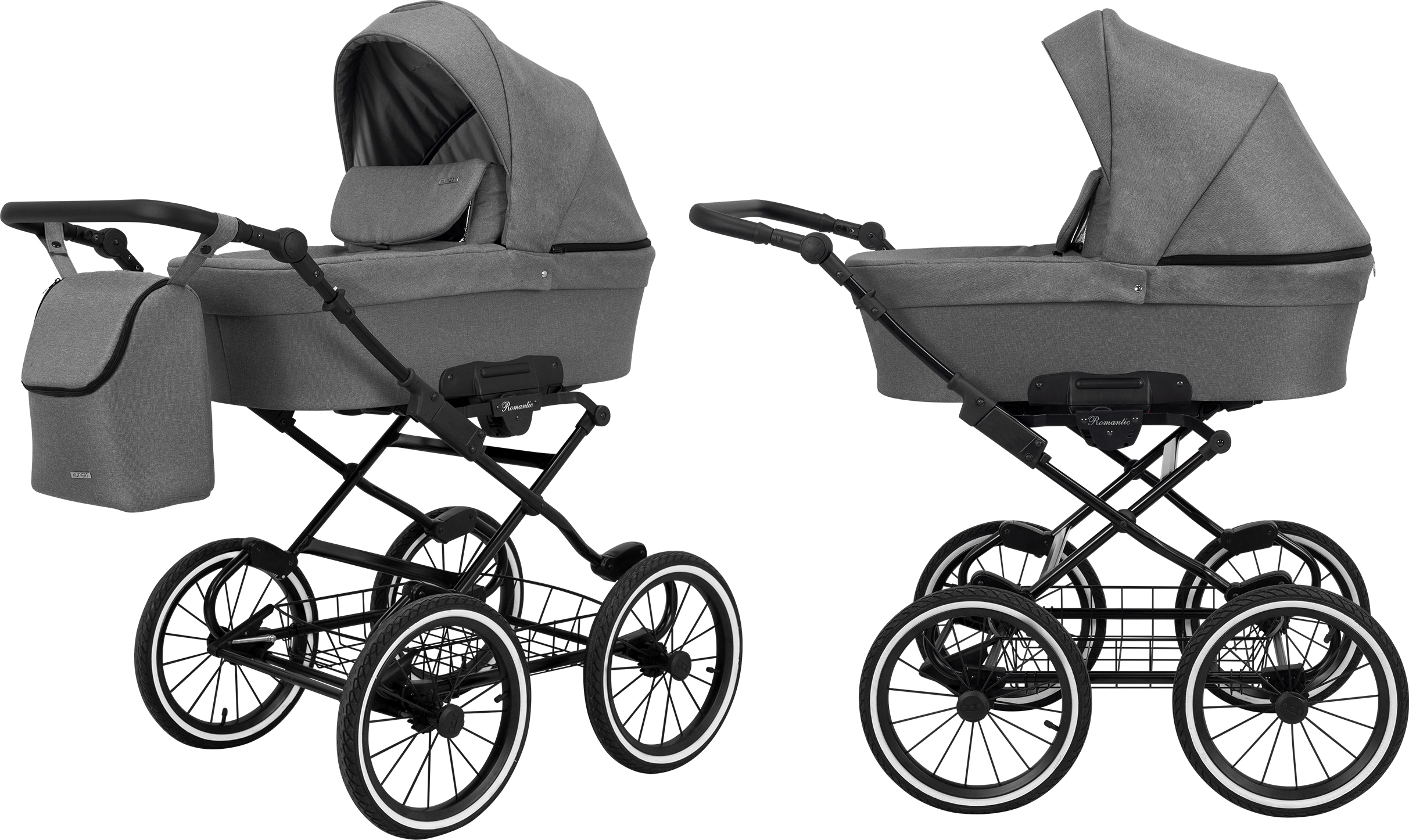 Kinderwagen ROMANTIC Babywagen Babyschale Kinder Wagen Set 1 in 1 (grau, Rahmenfarbe: schwarz Rahmen )