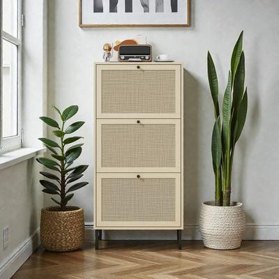 Fundinbaths Rattan 3 Door Shoe Cabinet, Freestanding Modern Shoe Storage Rack with Metal Base for Entryway Living Room