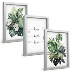 BILDER SET 3er Set - 20x30 cm Silberner Rahmen - Aquarell-Monstera-Blätter