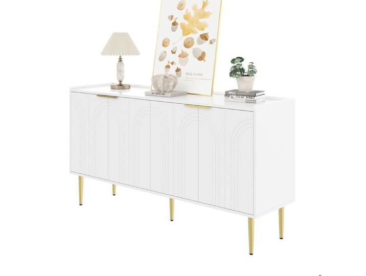 Buffet bas - 4 portes blanc et doré en MDF - 140 x 38 x 75 cm