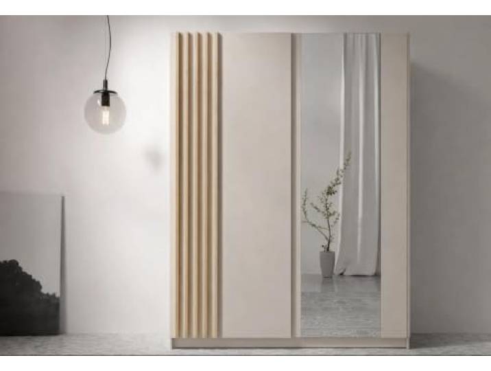 AXLIVING Kleiderschrank Beige mit Spiegel 150 cm Beralto mit Lamellen Breite von 150,6 cm. Höhe von 198,5 cm. Artisan Eiche Lamellen – warmer Kontrast. Kleiderschrank Beige mit Spiegel.