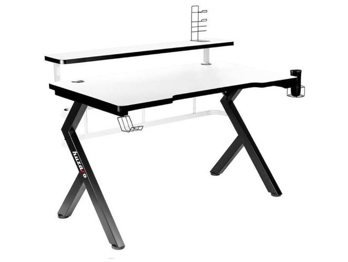 Bureau gaming HUZARO HERO 5.0 Blanc 120x60x69.5cm Bureau PC Informatique Pc gaming Panier à boissons Crochet casque
