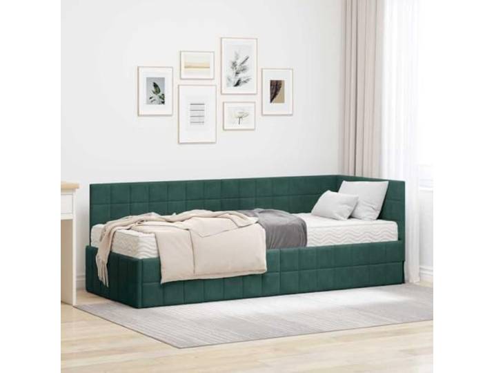 HFMDRMU Samt-Eckbettgestell grün mit Matratze und wandmontiertem Kopfteil, mittelfeste Schaumstoffmatratze, stabiles Sperrholzgestell, modernes Design für erholsame Nächte