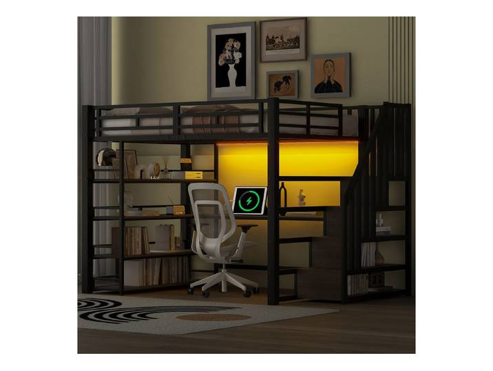 OKWISH Hochbett Stauraumbett Kinderbett Einzelbett (Metall-Hochbett mit Treppe, Schreibtisch, Stauraum & LED-Beleuchtung, Schwarz, Stabile Konstruktion, 1-St., 140x200)