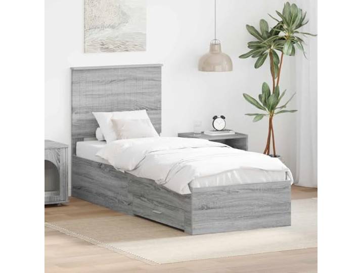 Stauraum Bettgestell modern Schlafzimmer Holzwerkstoff Grau Silber 70 x 190 Bettrahmen Graue Sonoma Silber 70x190 cm Holzwerkstoff mit Bettkasten und Kopfteil, Stabiler Lattenrost für Schlafzimmer