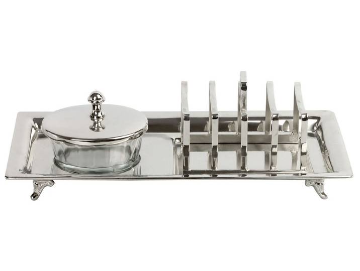 FURNARO Servier-Set, Edelstahl vernickelt, Glas, (3-tlg), Inklusive Glastiegel mit Deckel und Toastständer aus Glas und Eisen