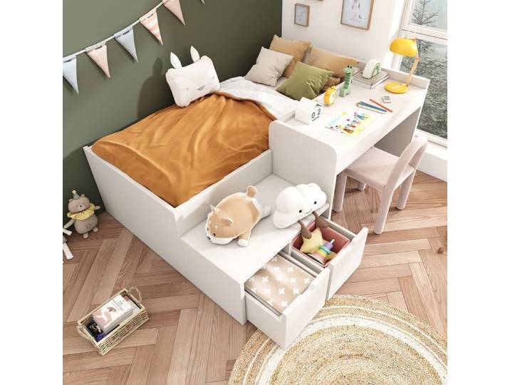 Lit enfant multifonction - MERAX - 90x200 - Blanc - Bois massif - Bureau & tiroirs
