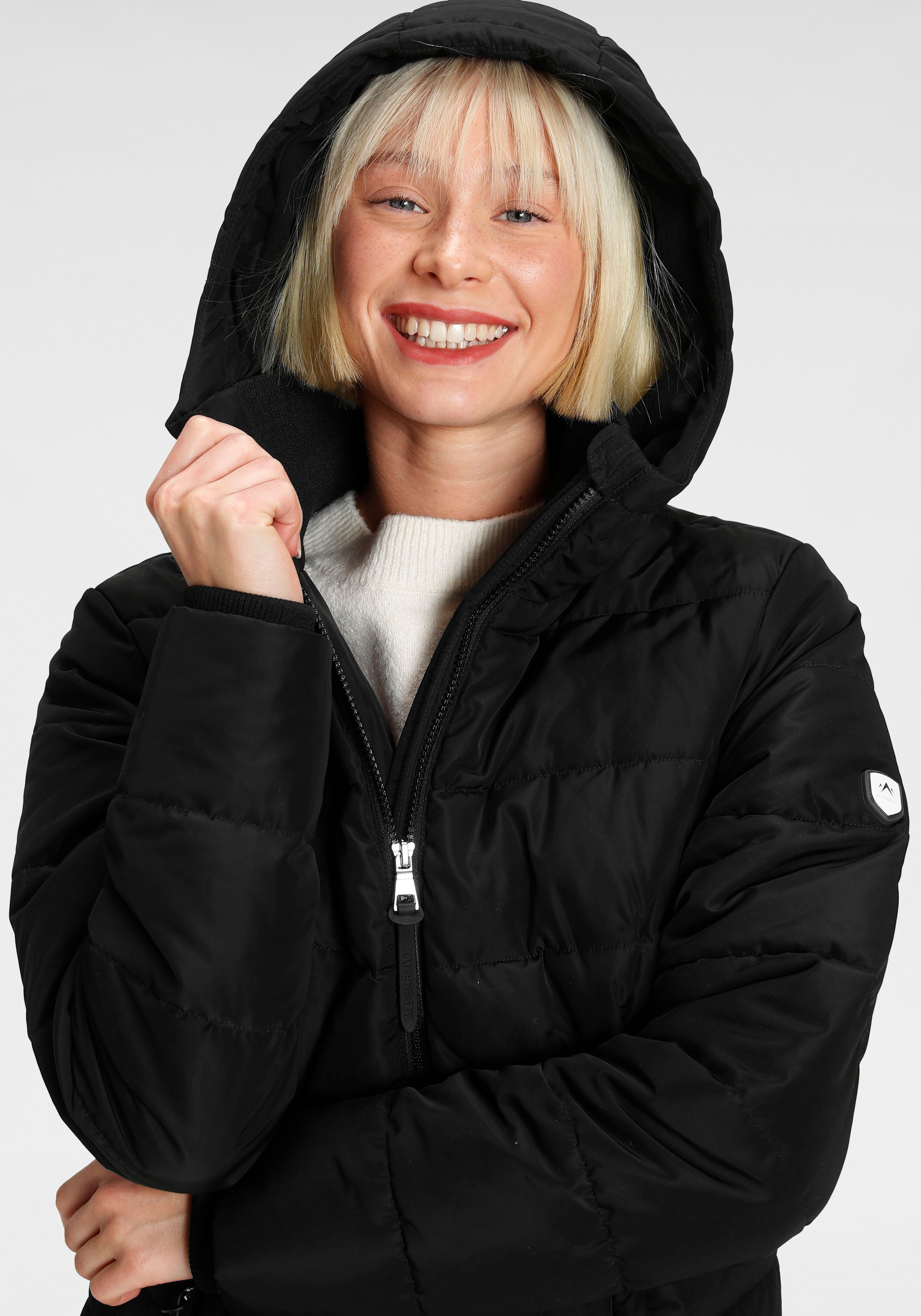 Steppmantel ALPENBLITZ "Konstanz", Damen, Gr. 42, schwarz, Web, Obermaterial: 100% Polyester. Futter: 100% Polyester. Wattierung: 100% Polyester, kontrastfarbene Details, unifarben, figurumspielend lang, Rippstrickbündchen, Mäntel Steppmantel, mit kuschel