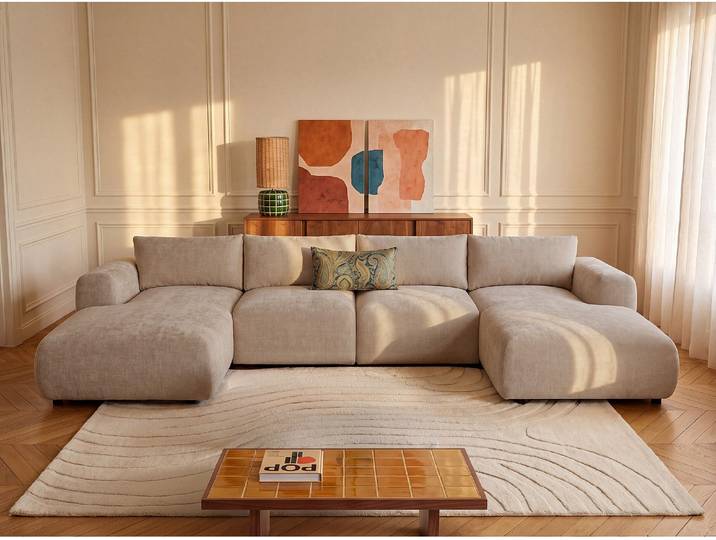 Wohnlandschaft über Eck aus Stoff in Beige POLIRIA