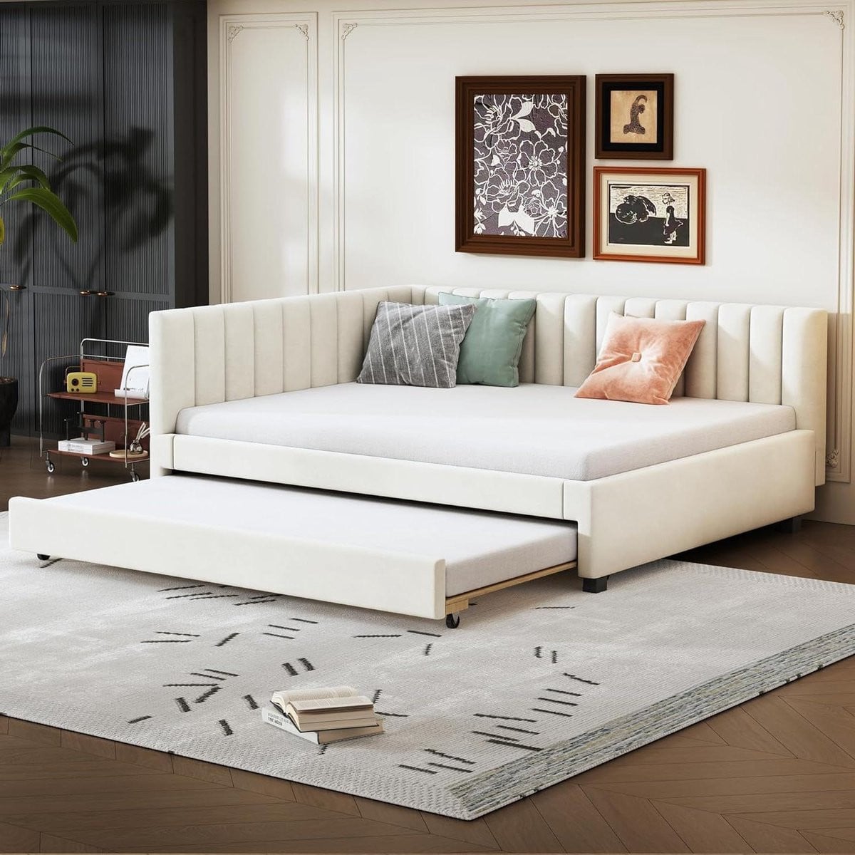 Multifunctionele uittrekbare slaapbank met lattenbodem, beige, 140 x 200 cm