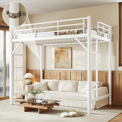 Metal Loft Bed with Easy Climbing Ladder and Guardrails