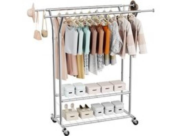 VEVOR Kleiderständer Garderobenständer rollbar mit 2 Kleiderstangen & 2 Ablageflächen, bis 120 kg belastbar, höhenverstellbarer Kleiderständer aus Karbonstahl für Schlafzimmer Waschküche