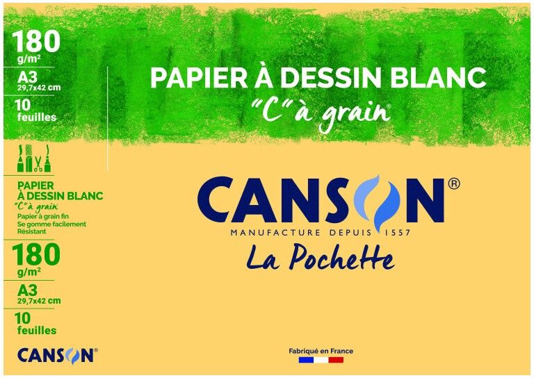 Pochette 10 feuilles c à grain A3 180g/m² blanc - Canson