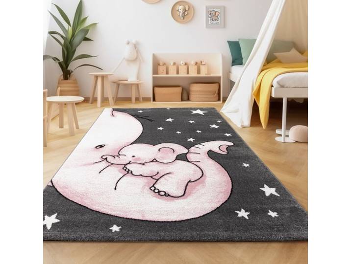Tapis enfant Elephant Star - SIMPEX - Gris Rose Blanc - 120x170 cm - Polypropylène - Oeko-Tex Standard 100