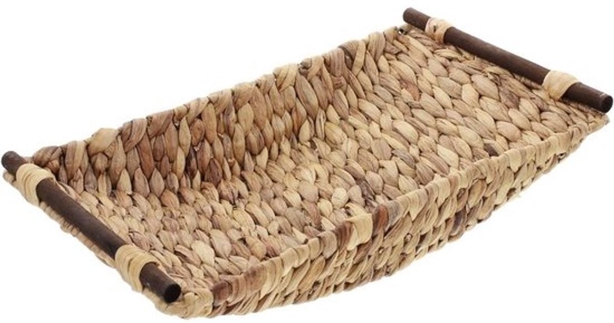Decoratieve gevlochten mand met houten handgrepen in natuurlijk - 45 x 28 cm
