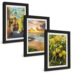BILDER SET 3er Set - 20x30 cm Schwarzer Rahmen - Straßen, Meer, Strand, Zitrusbäume