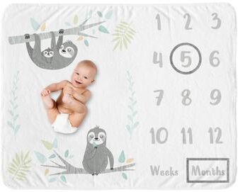 Sweet Jojo Designs Blue Jungle Sloth Collection Boy Girl Baby Monthly Milestone Blanket - Aqua Turquoise Grey Green Tropical Botanical Rainforest