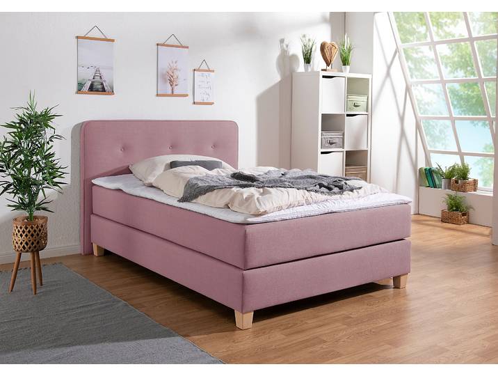 Boxspringbett HOME AFFAIRE Fargo , lila (flieder), B:133cm L:207cm, Struktur fein (100% Polyester);Samtstoff (100% Polyester), Komplettbetten, Boxspringbett, inkl. Topper, in 3 Matratzenarten, in Samt- oder Strukturstoff
