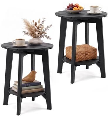 Costway Set of 2 2-Tier Outdoor Eucalyptus Wood Side Table with Slatted Tabletop and Storage Shelf for Backyard-Black