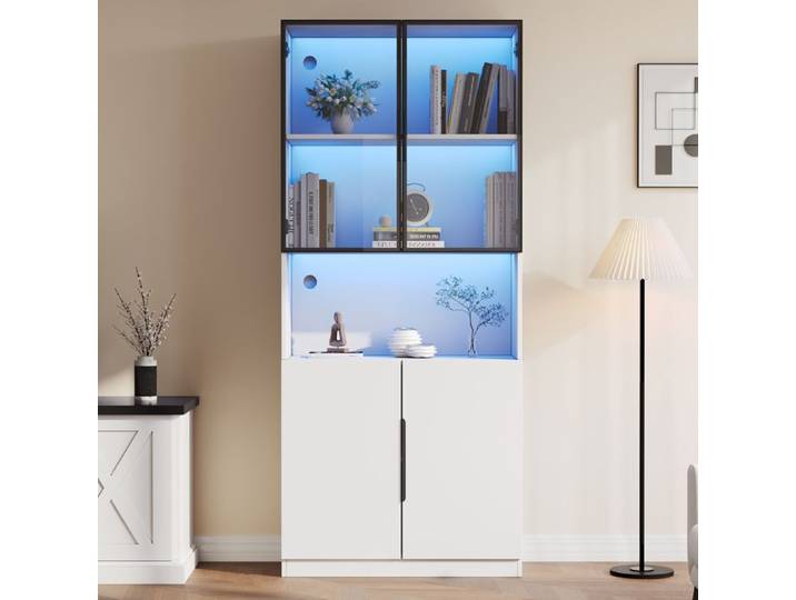 Vitrine minimaliste moderne avec portes en verre Étagère pour pièces de collection Vitrine avec lumières LED Blanc