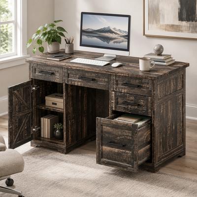 Fundinbaths "55"" Farmhouse Executive Desk with Charging Station, 5 Drawers, File Drawer and Cabinet"