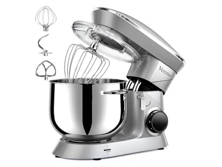 Vezzio Küchenmaschine, 8,5 l Backteig-Mixer, 10-stufige Teigmaschine, mit Rührhaken, Knethaken, Schneebesen und Spritzschutz (Silber)