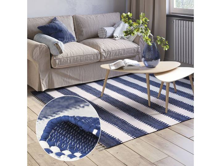 Teppich Karim , blau (blau, weiß), B:120cm H:10mm L:170cm, Baumwolle, Polyester, MYFLAIR MÖBEL & ACCESSOIRES, Teppiche, Teppich, Handweb Teppich, gestreift, 90% Baumwolle, handgewebt, mit Fransen