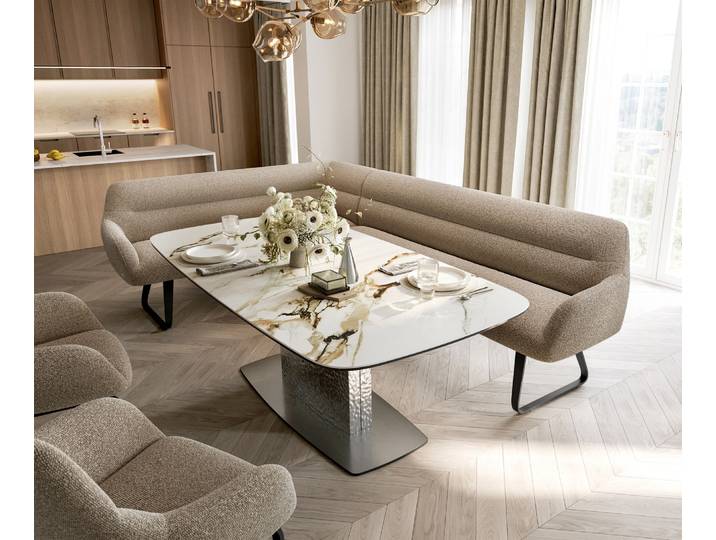 Esszimmerbank Taya-Flex 285x190 cm Bouclé Schlamm Kufengestell flach Schwarz Taschenfederkern Links, Bänke
