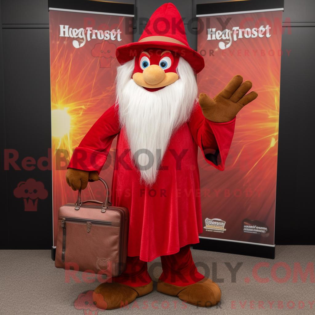 Maskottchen REDBROKOLY eines Roten Zauberers mit Henley-T-Shirt und Aktentasche