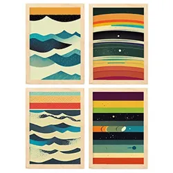 POSTER Set mit 4 Meer Abstrakt Moderne Galaxien A3 Rahmen aus hellem Holz