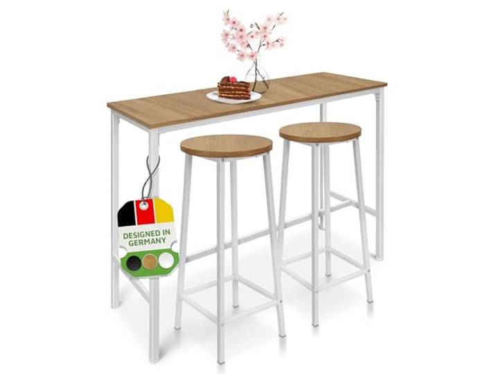 BeFair Bartisch-Set Sven 120x40x100 cm Eiche/Weiß mit 2 Barhockern Hochtisch-Set mit 2 Barhockern Metallgestell MDF-Platte Platzsparend Industrial Design