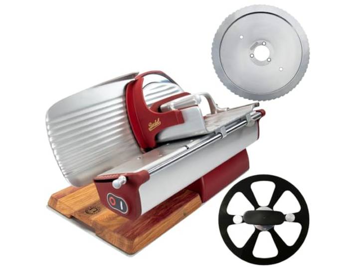 Berkel Home Line 250 Plus rot matt – Aufschnittmaschine mit stufenloser Schnittstärke, Wellenschliff-Bausatz für Brot & handgefertigtem Schneidebrett – präzise Wurst-, Käse- & Brotschneidemaschine