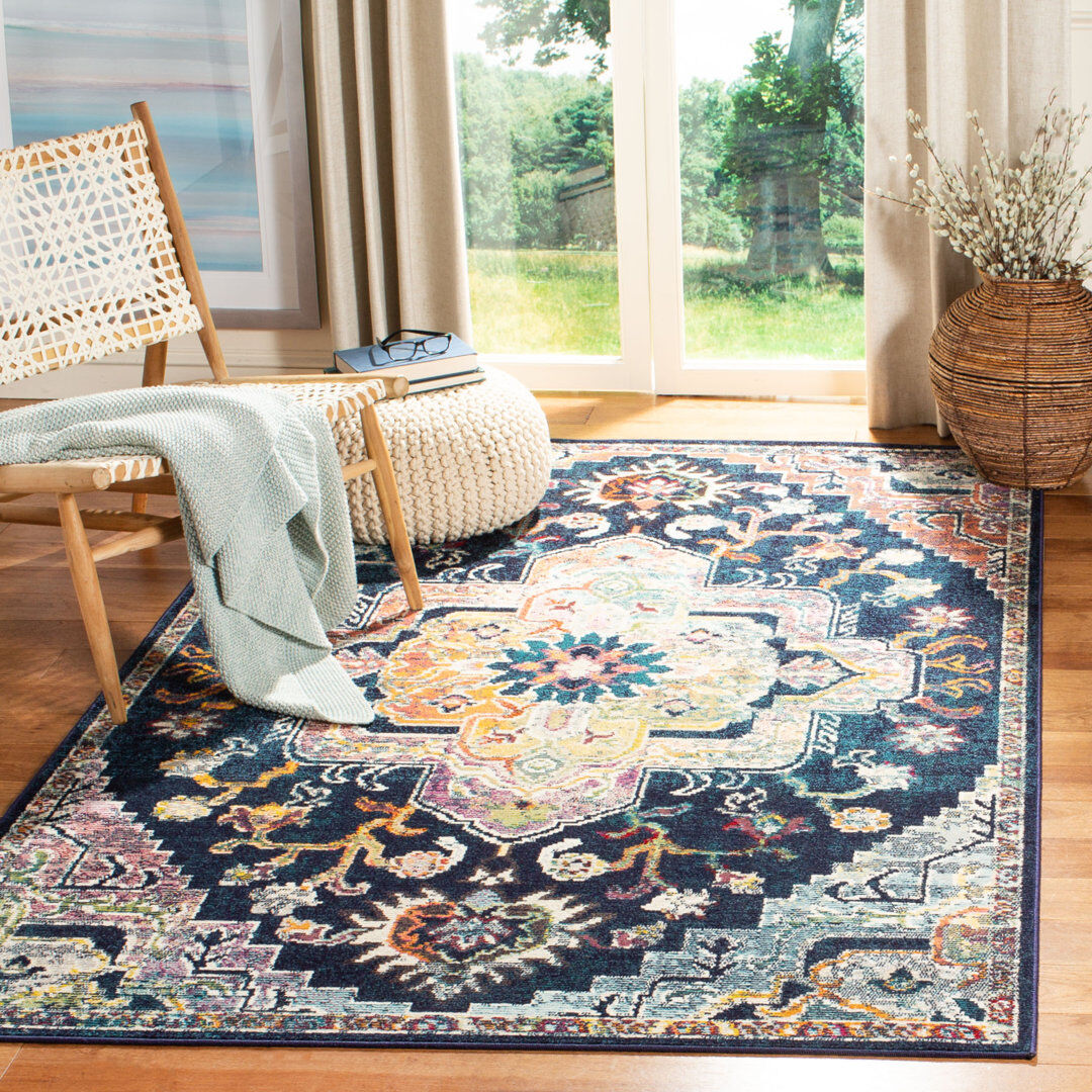 Bloomsbury Market Mashburn Oriental Hand Woven Area Rug Navy Rectangle 201 x 279 cm