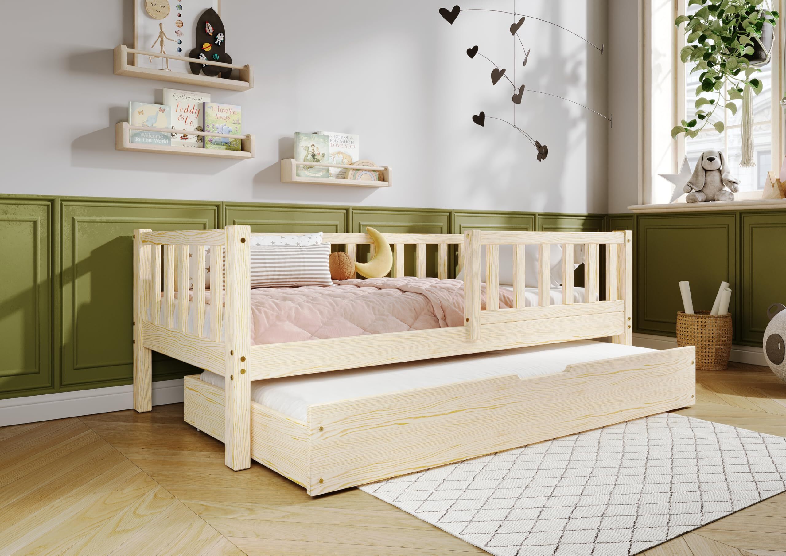 TIMBEE LENA Duo Doppelbett Kinderbett Holz Bett mit Schublade mit Schlaffunktion - Unlackiert - 90x180cm