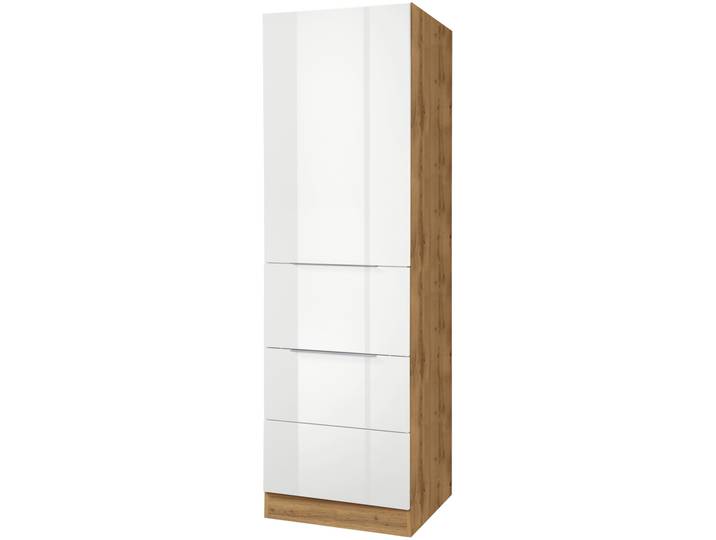 Seitenschrank, Weiß Hochglanz & Wotaneiche, 60x200x60 cm, MDF, Viel Stauraum, Modern
