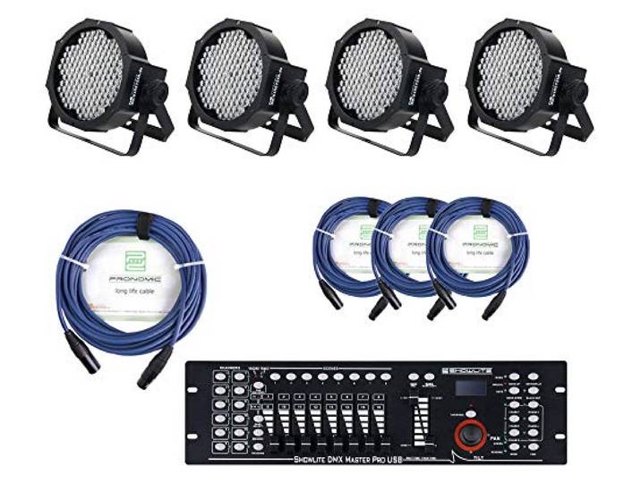 Komplettes Showlite Lichtset: 4x FLP-144 + DMX-Controller Master Pro USB + Kabel (144 x 10mm LED, RGB-Farbmischung, 15 Watt, 90-240V - 50/60Hz)